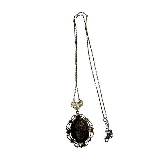 Vintage Floral Pendant Necklace With Yellow & Pink Rose Cameo Design Rhinestones - Picture 3 of 4